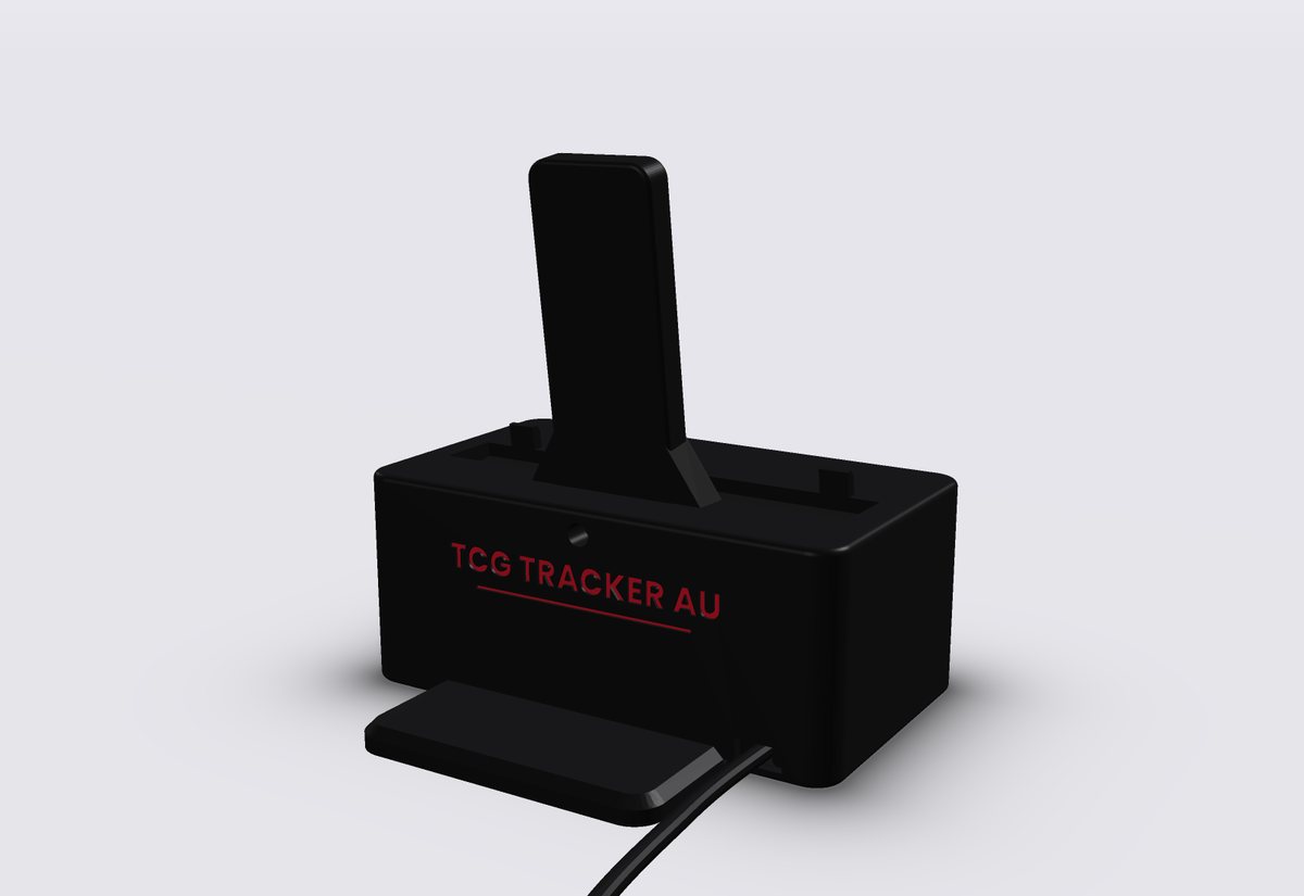 The back of the stand with the red TCG Tracker AU wordmark